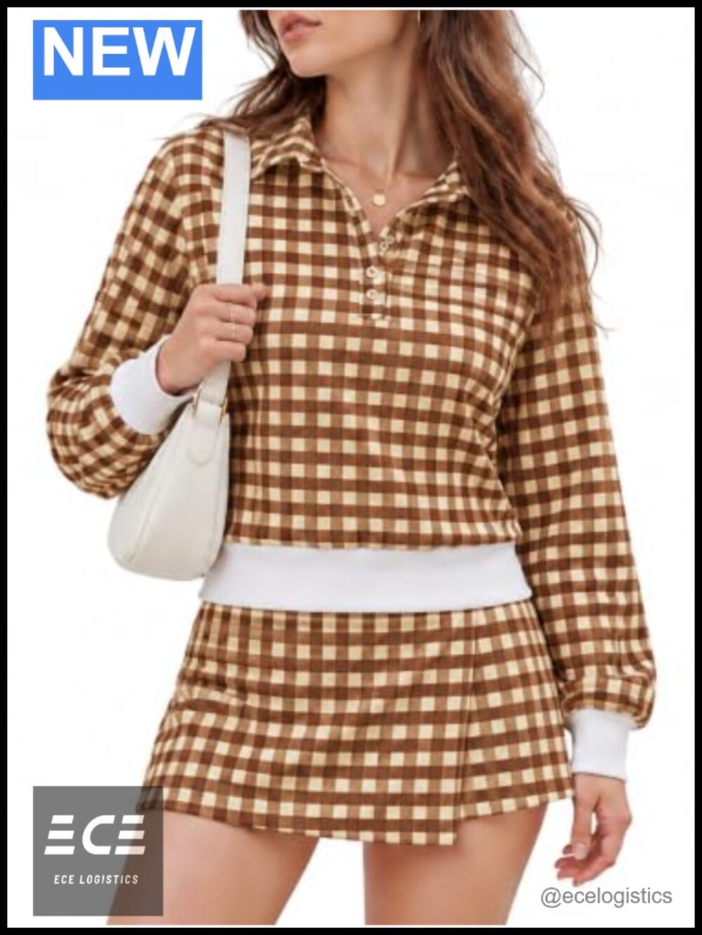 Womens 2 Piece Skirt Set Polo Collar Long Sleeve Mini Skirt Gingham Outfit